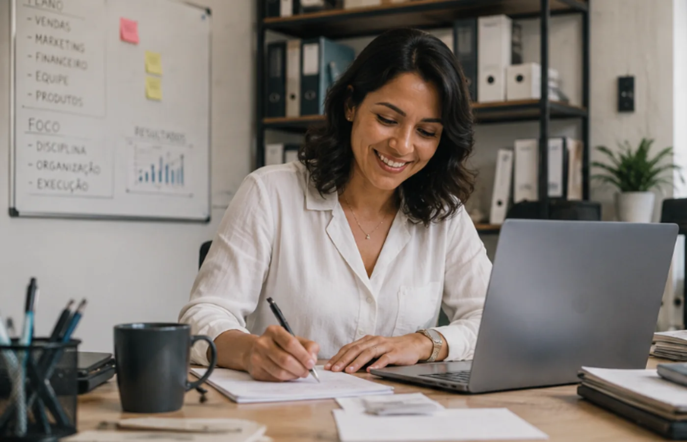 Empreendedora organizando a empresa com notebook, documentos e quadro de metas
