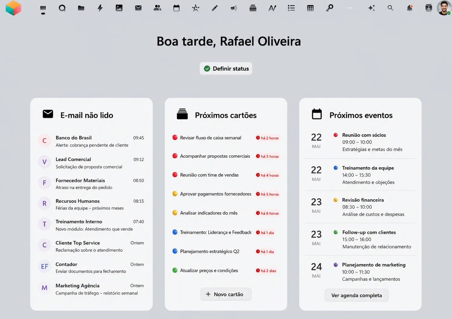 Painel da plataforma ColaboraPro com e-mail, tarefas e agenda da empresa