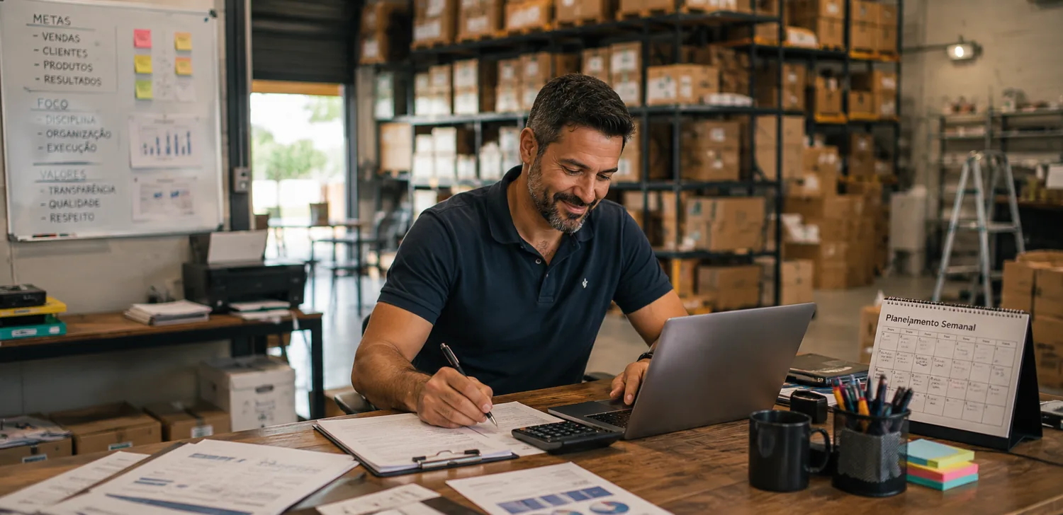 Empresário de pequena empresa brasileira organizando rotina com notebook e documentos