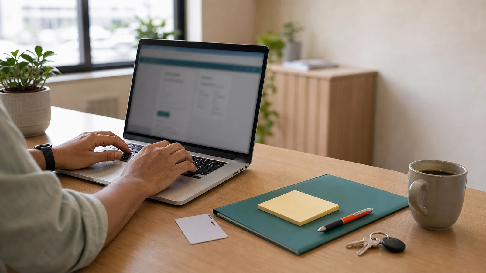 Mesa de recepção de pequena empresa brasileira com notebook aberto para acessar o portal da empresa.