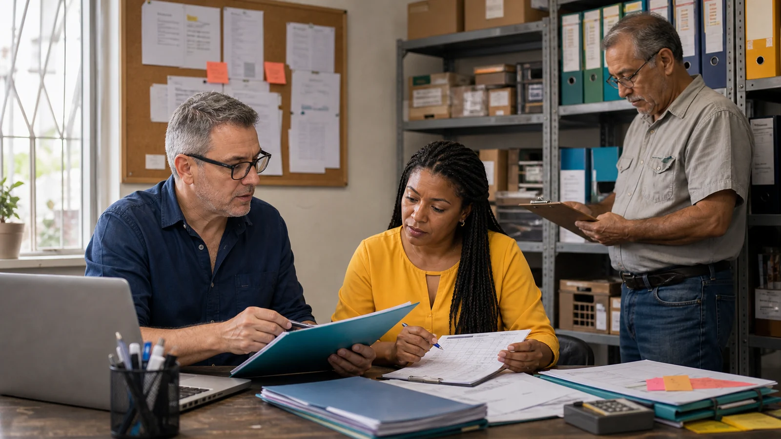 Equipe de pequena empresa brasileira organizando documentos, processos e rotina operacional em um escritório com estoque.
