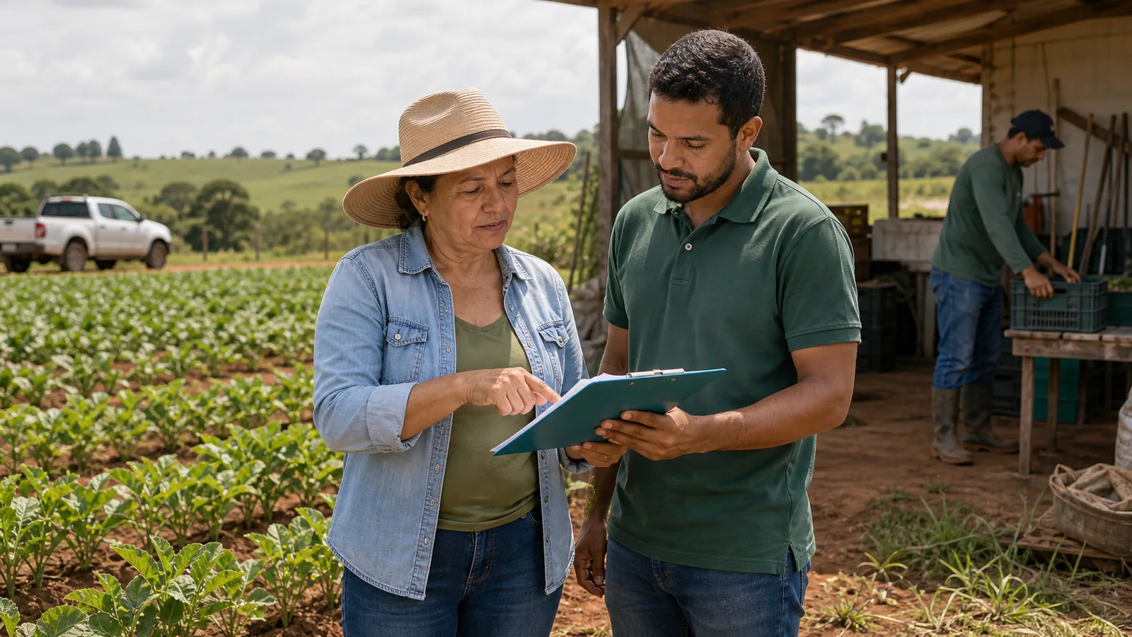 Produtora rural e agrônomo conferindo checklist de campo em uma operação agrícola brasileira.