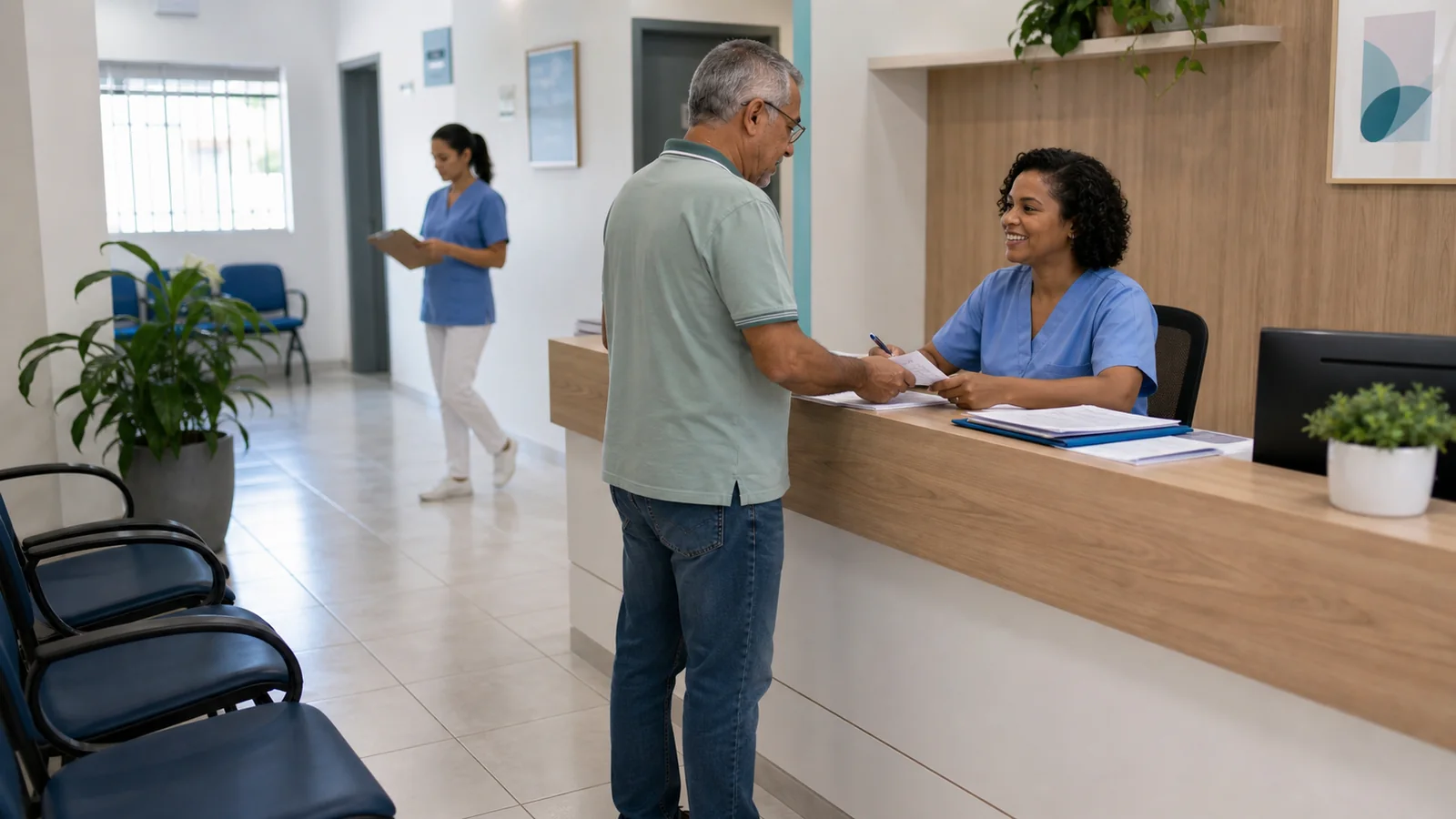 Recepção de clínica brasileira organizando documentos e atendimento
