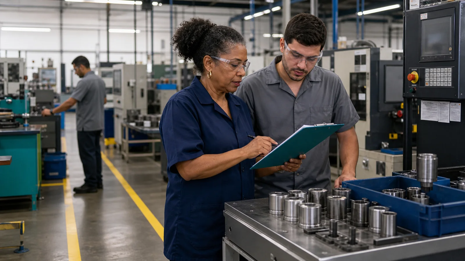 Chão de fábrica brasileiro, com supervisora e operador conferindo checklist de turno ao lado das máquinas.
