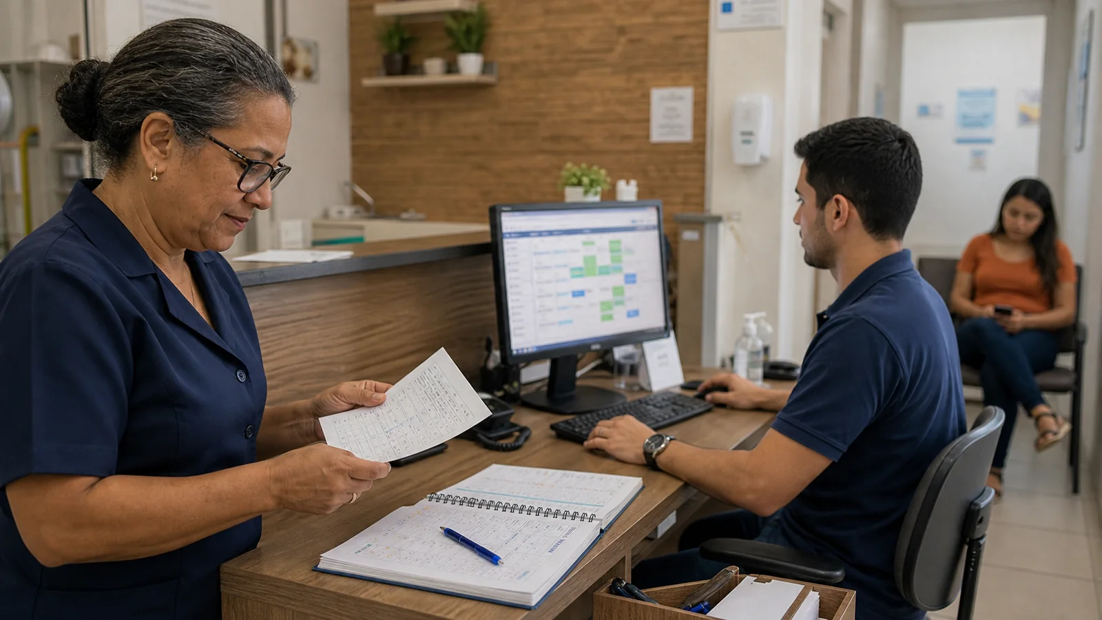 Recepcao de empresa brasileira conferindo agenda compartilhada no computador