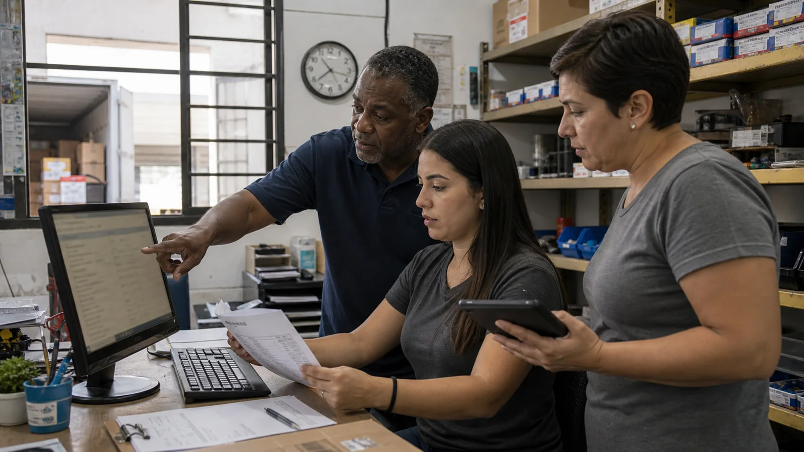 Gestores de empresa brasileira acompanhando historico de atividades no computador