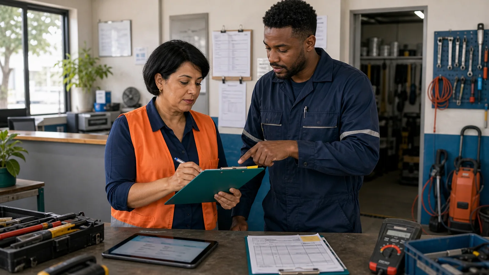 Equipe brasileira registrando checklist de atendimento em formulario digital