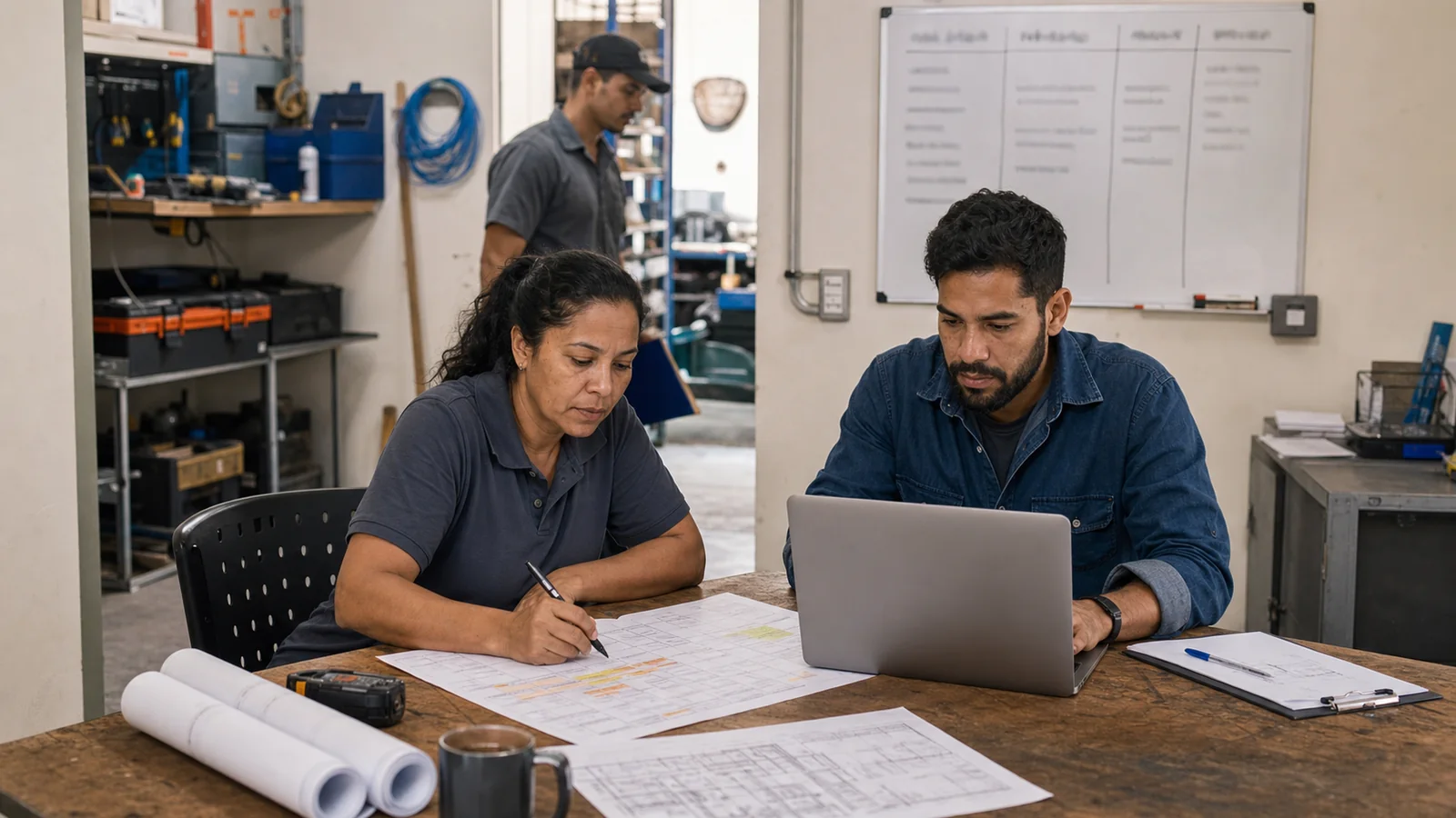 Equipe de servicos brasileira acompanhando quadro de projetos no escritorio