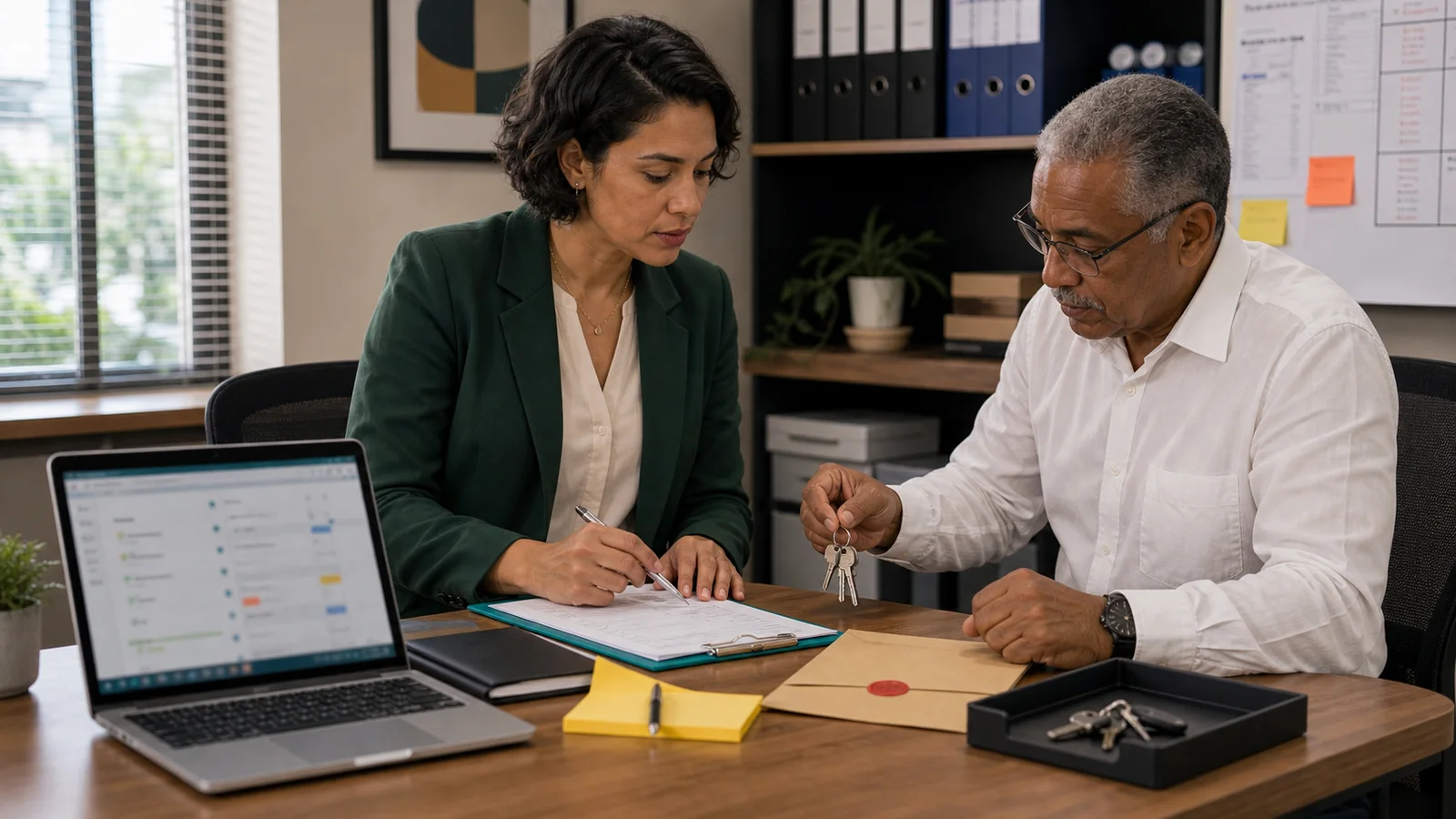 Equipe administrativa brasileira revisando acessos compartilhados com seguranca