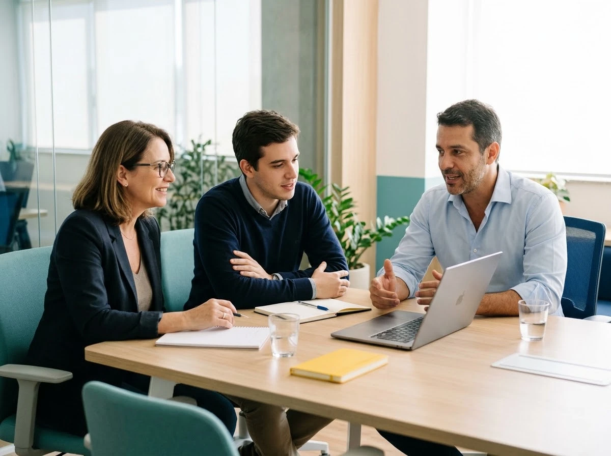 Equipe reunida em volta de um notebook, conversando sobre o trabalho