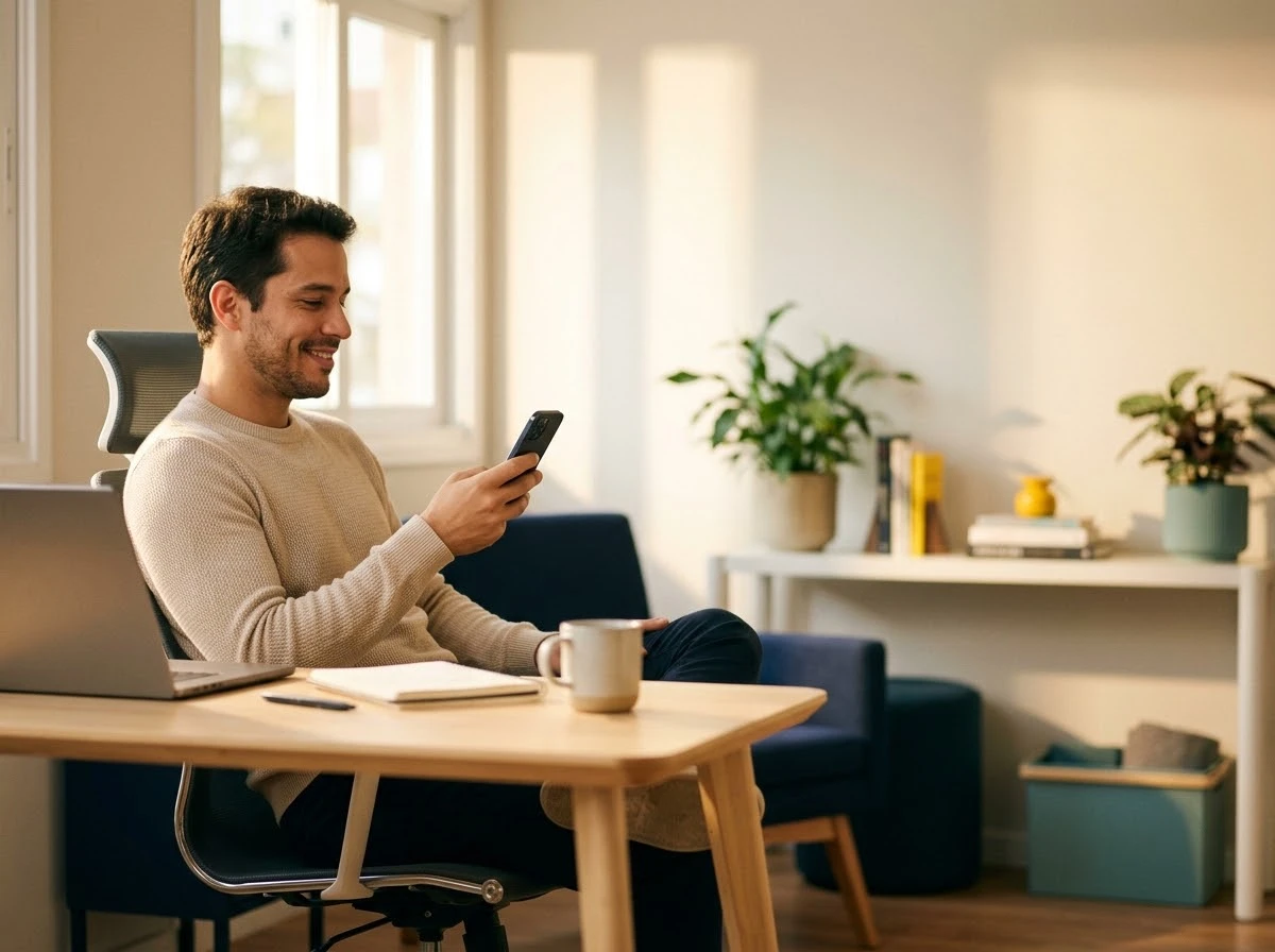 Empresário sorrindo ao olhar o celular em sua mesa de trabalho