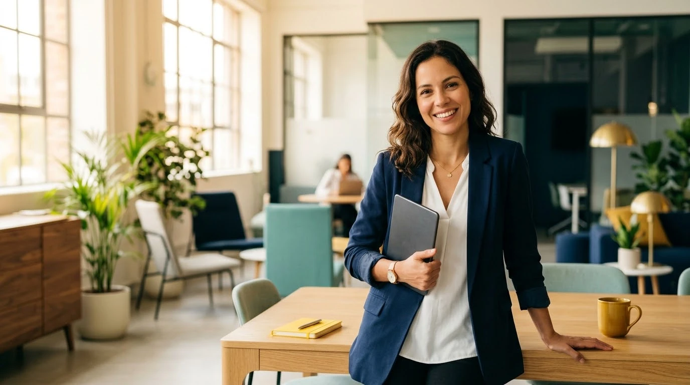 Empresária sorrindo com um tablet no escritório
